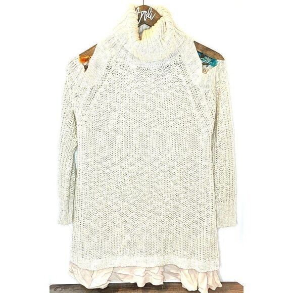 Easel Women's Cold Shoulder Cowl Neck Cream Sweate - Picture 1 of 2